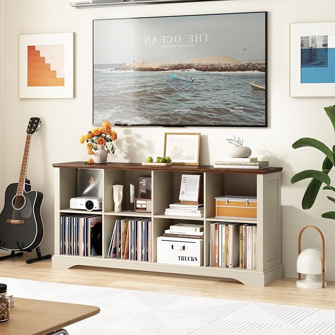 8 Cube Storage Organizer - 62" Long Farmhouse Wood Low Bookshelf, Horizontal Open Shelf Bookcase Cubby Storage Console Cabinet for Living Room, Entryway, Office, Antique White