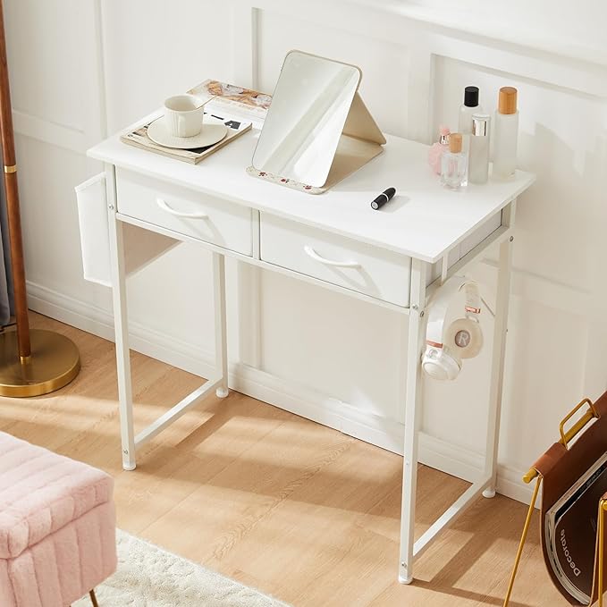 Sweetcrispy Computer Desk Small 32 Inch Home Office Bedroom Writing Study PC Table with Fabric Storage Drawers Space Side Bag Headphone Hook Metal Frame Adjustable Feet Modern Simple Style, White Wood