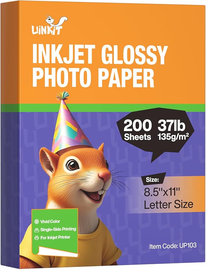 Uinkit 37lb Thin Flyer Paper Glossy 8.5x11 Inkjet 100 Sheets Single Side DIY Chip Bag 135gsm Photos Picture for Inkjet Printer with Dye Ink Letter size A4 Brochure (8.5x11x200)