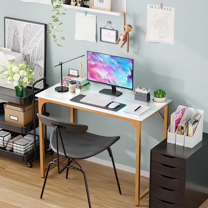 Computer Desk, 39 Inch Office Desk with Metal Frame, Home Office Desk, Modern Simple Style for Small Space Home Office, Living Room, Bedroom, White Gold