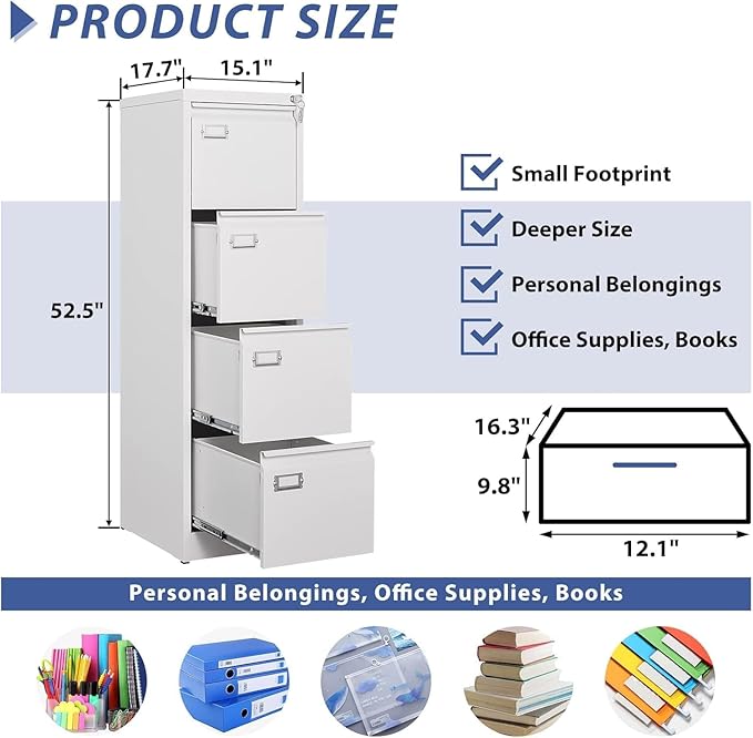 4 Drawer File Cabinet,Metal Filing Cabinets with Lock,18" Deep Vertical Filing Cabinets for Home Office,Steel Storage Cabinet fits Letter/Legal/A4 Size