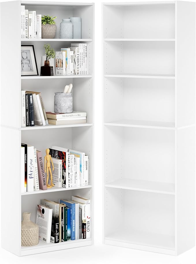 Furinno Jaya Book Shelf Set of 2, 5-Tier Bookshelf, Bookcase, with Adjustable Shelf, 9.5 x 24.5 x 71, for Home Office, Living Room, White