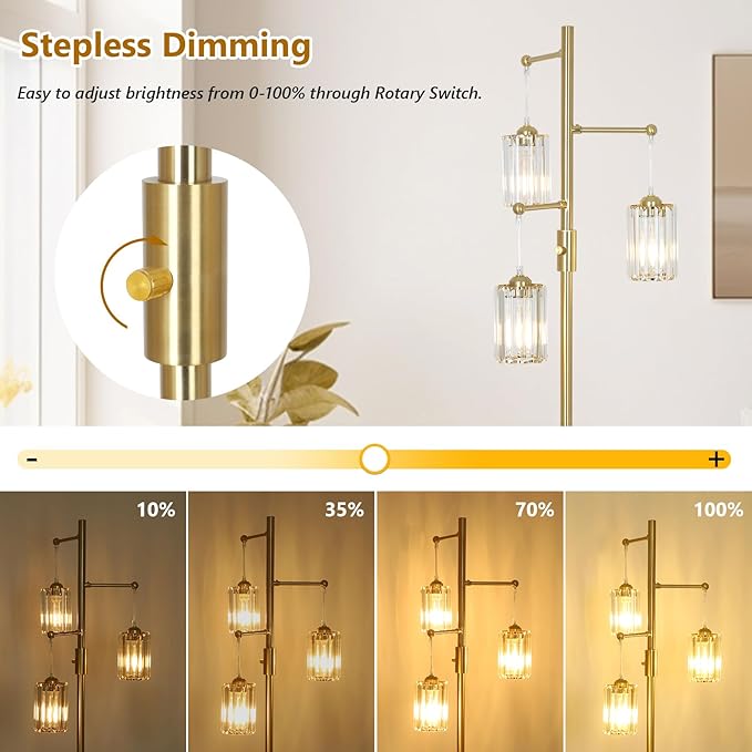 Gold Crystal Floor Lamps for Living Room, Dimmable 3 Lights Modern Standing Lamp with Crystal Shade, Dimmer Switch, 65" Industrial Tall Tree Lamp, Vintage Brass Corner Lamp for Bedroom