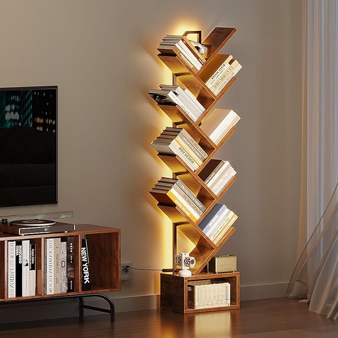 Casaottima Tree Bookshelf with LED Lights, 8-Tier Narrow Bookcase for Small Spaces, Tall Steel & Wood Storage Shelf with Cabinet, Home Decor & Organizer for Living Room/Bedroom/Home Office, Vintage