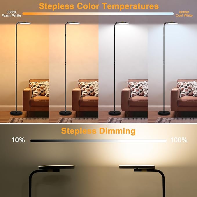 Floor Lamps for Living Room, 36W/2600LM Super Bright LED Floor Lamp with Remote and Touch Control, Stepless Dimmable 69" Tall Standing Lamp with 350° Rotating Head for Bedroom Office