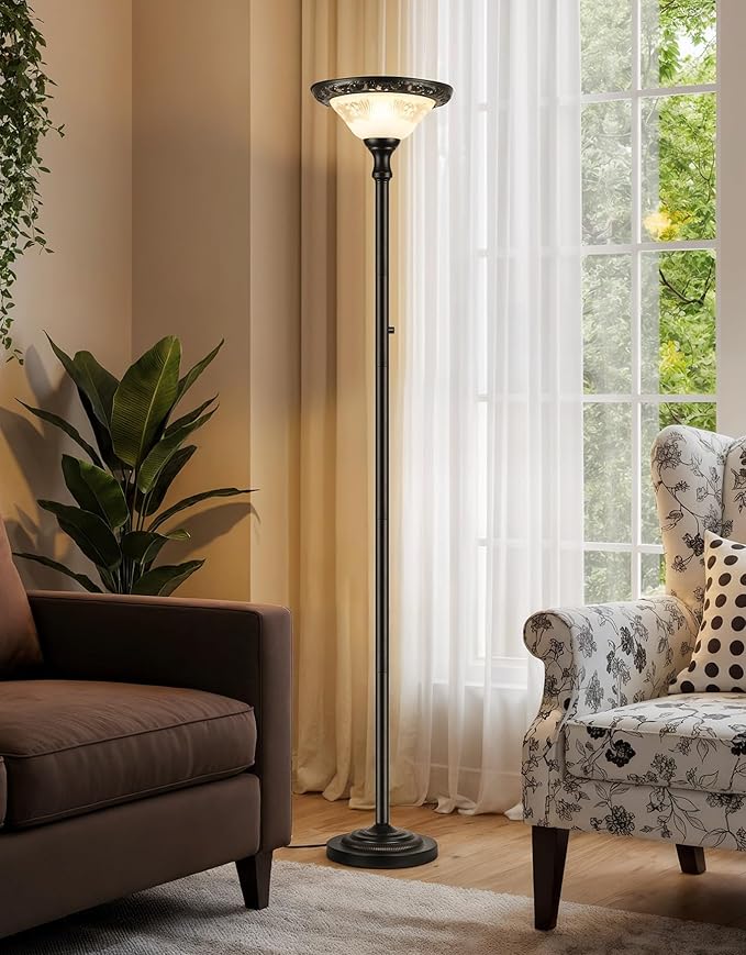 PARTPHONER Torchiere Floor Lamps for Living Room, 71" Tall Standing Lamp with Thick Glass Shade, Metal Pole & Heavy Base, Vintage Corner Lamp Decor for Home Bedroom Office, 3CCT Bulb Included
