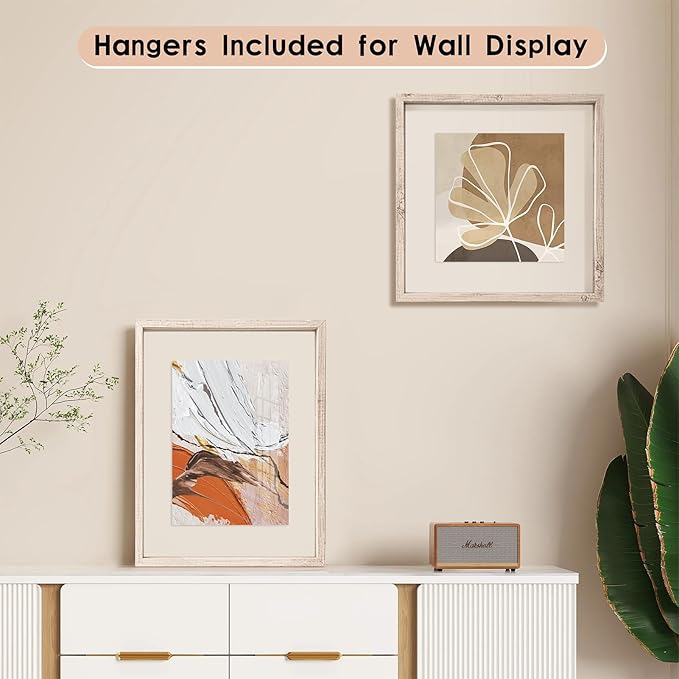 MUYE 11x14 Floating Frames Distressed Beige White Wood Pattern,Double Glass Picture Frame Set of 2 Display Any Size Photo up to 11x14,Wall Mount or Tabletop