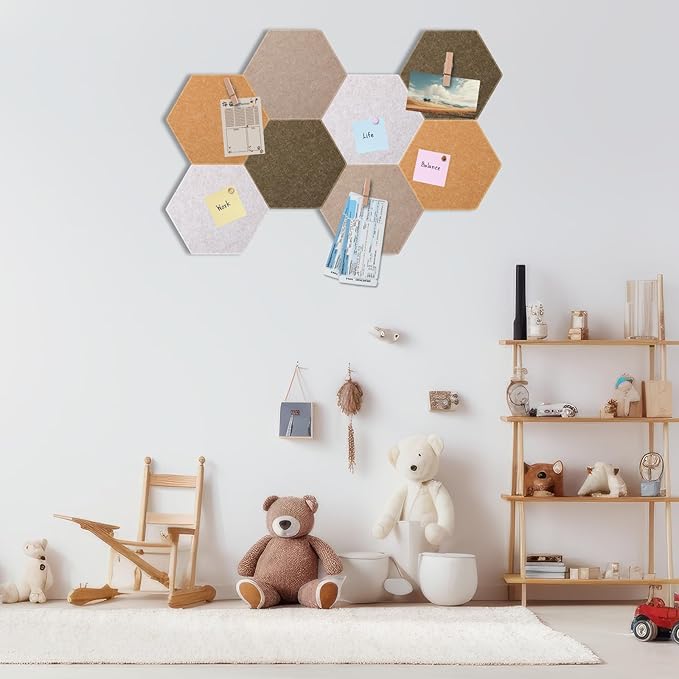 8 Pcs 12" Large Hexagon Felt Cork Bulletin Board Tiles Self Adhesive DIY Pin Board with 50 Push Pins and 10 Colored Clips, Wall Decor for Office Home Kitchen Photos Memos(Burlywood)