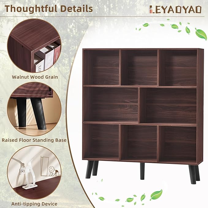 LEYAOYAO 8 Cube Bookshelf 3-Tier Bookcase with Legs, Mint-Walnut Kids Book Shelf Cute Storage Organizer, Large Open Toy Shelves Modern Bookshelves,Display Bookcases for Bedroom,Living Room,Nursery