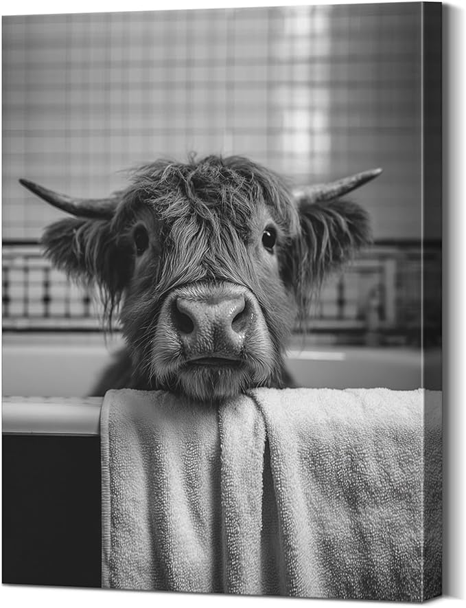 Funny Highland Cow Bathroom Decor Funny Highland Cow Bathroom Wall Art with Wooden Frame, Lightweight Cute Animals in Bathtub Canvas Posters Prints for Restroom Home Decor - 12x15.7 Inches