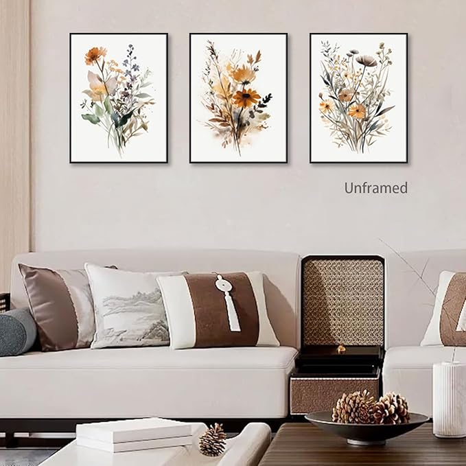 Bwodke Wildflower Poster Watercolor Botanical Floral Wall Art Colorful Canvas Prints Set of 3 Modern Minimalist Pictures Decor Painting Bedroom Bathroom Living Room Unframed 12"x16"