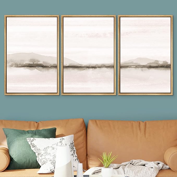 SIGNWIN Framed Canvas Print Wall Art Set Pastel Sunset Mountain Forest Lake Nature Wilderness Illustrations Modern Art Rustic Scenic Relax/Calm for Living Room, Bedroom, Office - 24"x36"x3 Natural