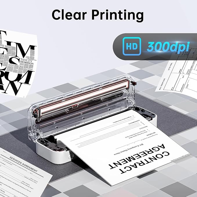 Portable Printer, 300DPI Wireless Bluetooth Thermal Printers, Support Multi-Size Thermal Paper, Compatible with iOS, Android & PC, Inkless Mobile Printer for Travel, Office, School, White