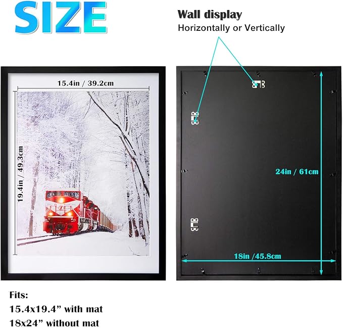 Egofine 18x24 Solid Wood Poster Frames Matted for 16x20 Black - Acrylic Plexiglass Front for Wall Mounting Hanging Picture Frame Vertically or Horizontally, Set of 2