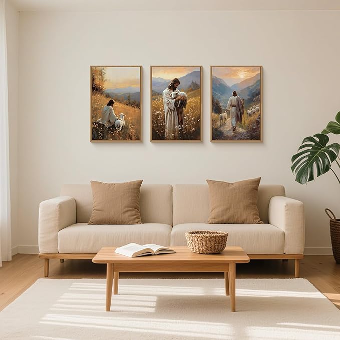 HOURIA Jesus Christ Easter Leaves The 99 Sheep Framed Canvas Wall Art Set,Christian Embraces The Lost Sheep Decor,Religious Bible Verse Resurrection Artwork for Church,Prayer Room,Home- 24"x36"x3