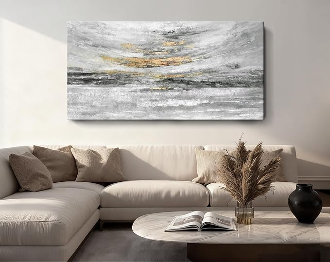 Nicetop 58x29" Modern Minimalist Black & White Abstract Coastal Wall Art with Metallic Gold Accents – Gallery Wrapped Abstract Ocean Waves & Clouds Canvas Art, Ready to Hang for Living Room Wall Decor, Bedroom Wall Art & Office Wall Decor