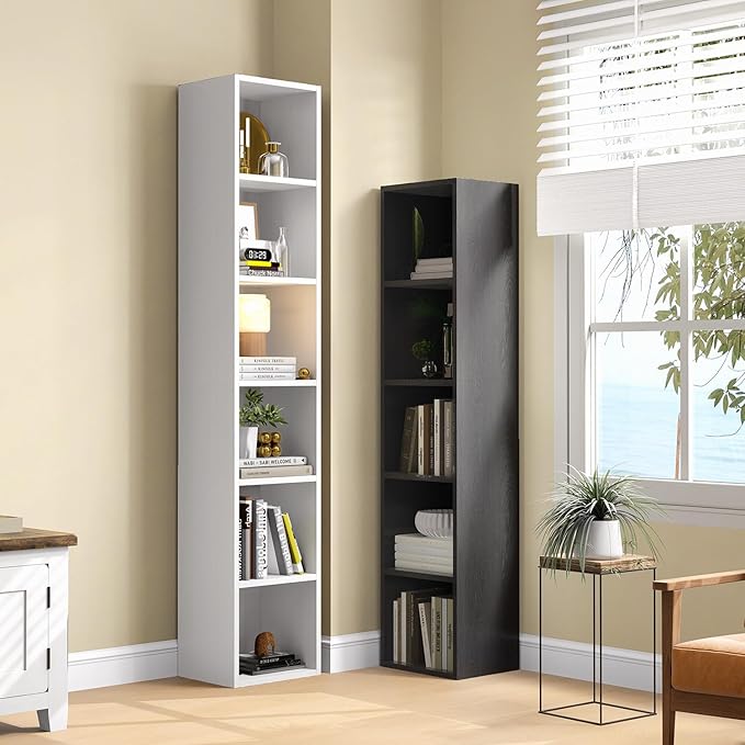 MXV Narrow Bookshelf, 6-Tier Open Bookcase, Coner Shelf, Storage Shelves, Display Storage Shelves, Floor Standing Unit, Home Decor, Furniture for Home Office, Living Room, Bedroom, Black