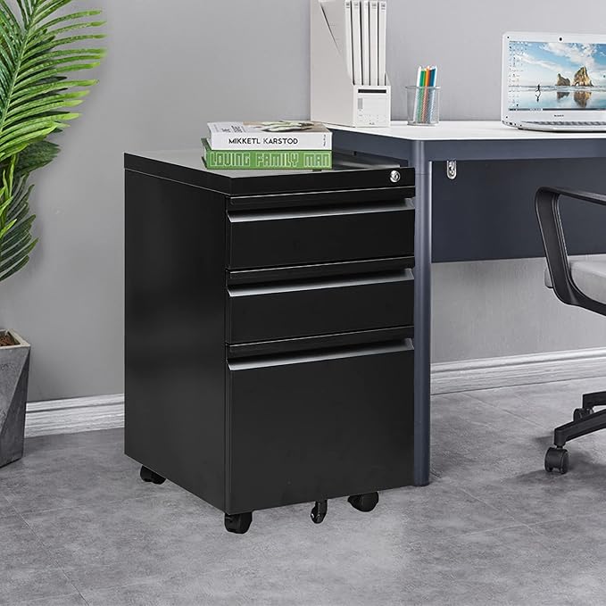 Yiguo 3-Drawer Mobile File Cabinet with Lock, Rolling Office File Cabinet Under Desk, Metal Filing Cabinet with Wheels for Legal Letter A4 File Size (Black)