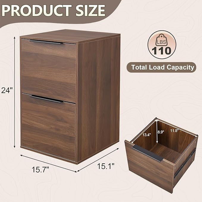 2 Drawer File Cabinets, Wood File Cabinet with Hanging Bar for Letter Size, Under Desk Drawer, Small File Cabinets for Home Office, Dark Walnut