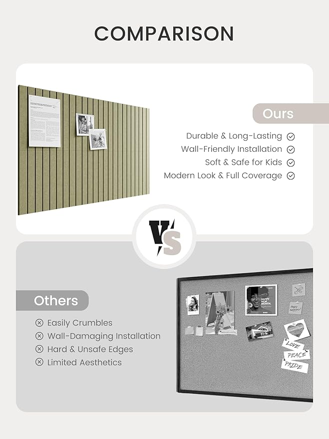 Bumusty Large Cork Board Alternative-36 x 24" Felt Bulletin Board Tiles, with 30 Pushpins, 40 Adhesive Tabs, 6-Pack Slat Wall Paneling, Cork Boards for Office Push Pin Board Felt Board-Olive Green