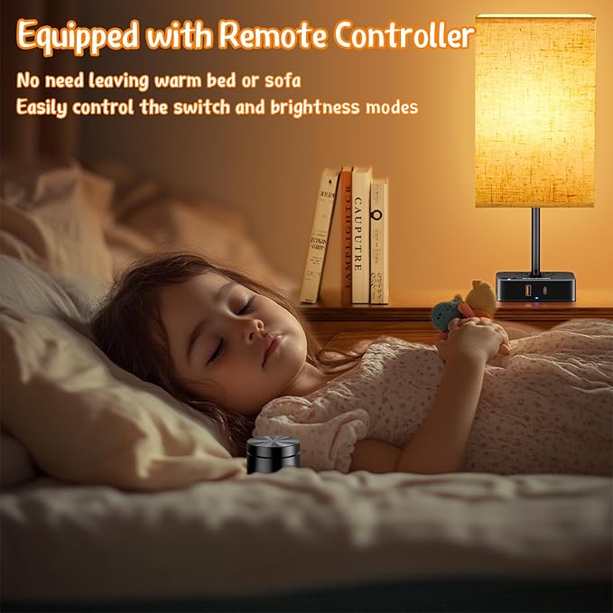 Bedside Table Lamps for Bedroom, 3 Way Dimmable + Remote Control Stepless Dimming Touch Lamps for Nightstand, USB A+C & AC Outlet Small Table Lamp for Living Room, Bed, Study, Include 9W Warm LED Bulb
