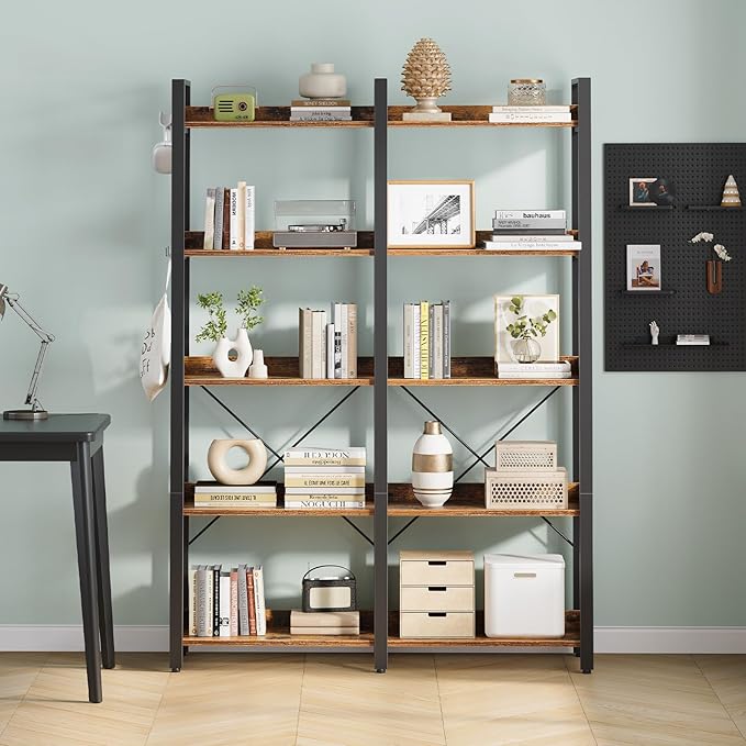 Seventable Bookshelf 5 Tier with 4 Hooks, 63” Industrial Wooden Bookcase, Vintage Storage Rack with Open Shelves, Rustic Standing Bookshelves Metal Frame 43.3” Wide Display Rack, Rustic Brown