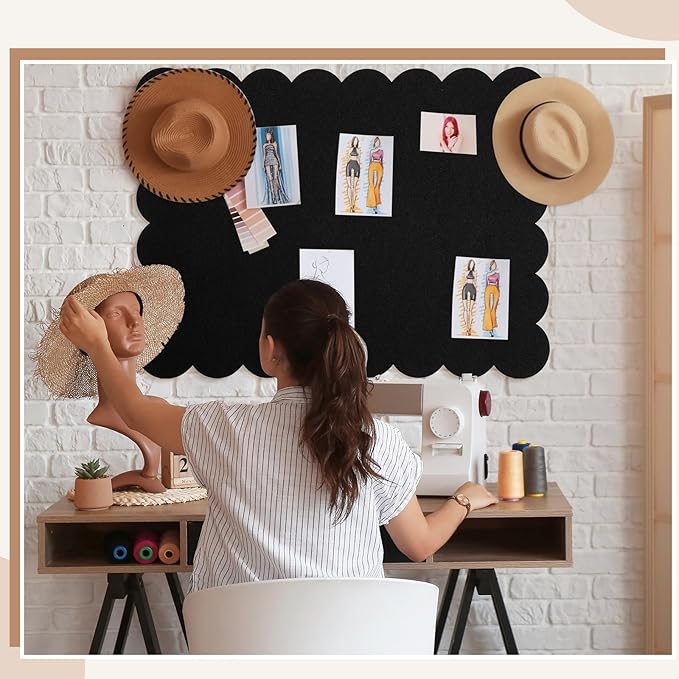 Scalloped Felt Bulletin Board 36 x 24 Inches Foldable Black Pin Cork Board Alternative for Wall, 3' x 2' Trifold Picture Vision Self Adhesive Bulletin Decorative