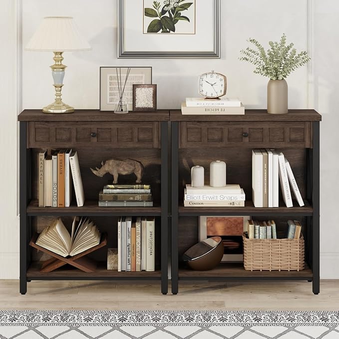 FATORRI Small Bookcase with Drawer, Industrial 3 Shelf Bookshelf, Wood and Metal Book Shelf, Short Book Shelves and Low Book case for Small Space (Rustic Brown)