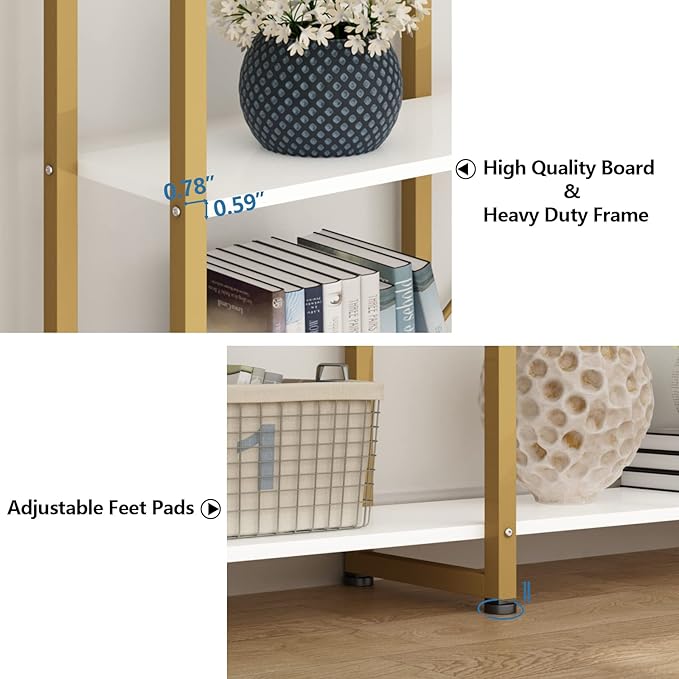 Auromie Triple Wide 5-Tier Bookshelf, 70.87" L x 79.13" H Extra Large Gold Bookcase, Tall Display Shelf with Metal Frame, Freestanding Etagere Storage Display Shelf for Home Office, White Gold