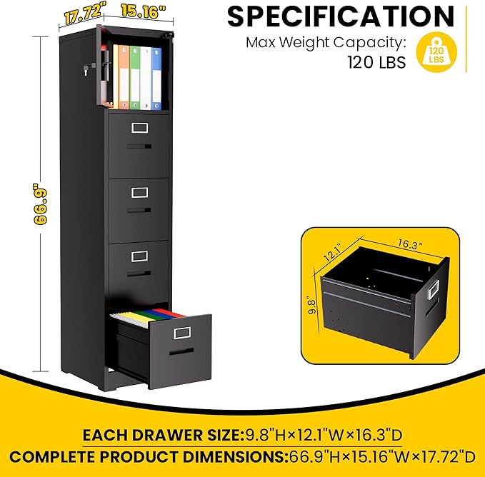4 Drawer Metal Locking File Cabinet with 1 Door Heavy Duty Lockable Filing Cabinets Home Office Steel File Cabinet Black Vertical File Cabinets for Legal/Letter Size File,Assembly Required