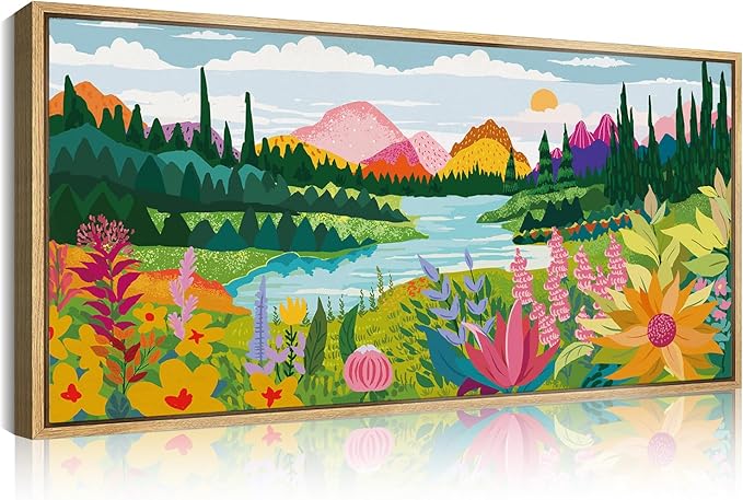 ANHUIB Large Colorful Wildflower Wall Art 20x40 Inch Framed Boho Abstract Floral Wall Decor Forest Woodland Painting Muticolor Mountain Range Illustration for Living Room Dining Room Bedroom