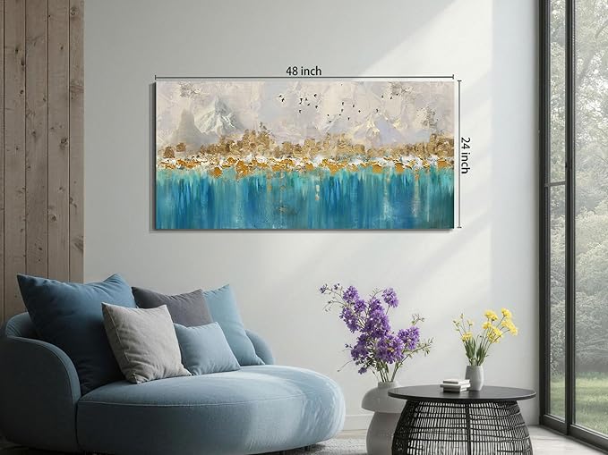 Arjun Abstract Canvas Wall Art for Mens Room, Gold Mountain Hand Painted Textured Living Room Wall Decor Picture, Large Bedroom Painting Artwork Framed Home Office Wall Decor 48"x24"