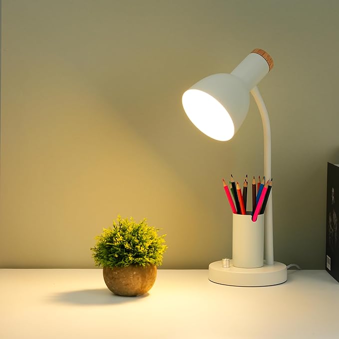 Desk Lamp with Pen Holder, Green, Wood Accent, Adjustable Gooseneck, Modern Study Light (Green)