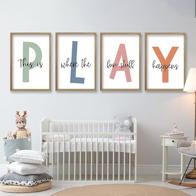 This Is Where The Fun Stuff Happens Kids Playroom Wall Art 24x16 Inch Set Of 4 Rustic Kids Wood Framed Boy Sign Toddler Modren Nursery Interesting Let's Play Prints Wall Hang Decor (Wood)