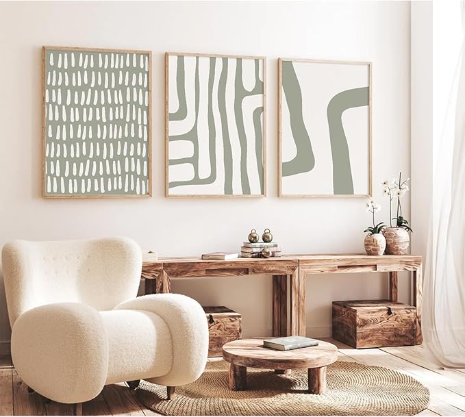 Minimalist Neutral Wall Art Decor Sage Green Boho Canvas Poster Abstract Modern Painting Wall Art Mid Century Beige Pictures Prints Gallery Line Wall Art for Bedroom 12x16 Inch Unframed Set of 3