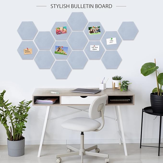 BXI Hexagon Felt Bulletin Board - 14.2 X 12.3 X 3/8 Inches 6 Pcs Self-Adhesive Poster Cork Board with 30 Push Pins, Thick Pin Tiles Display Vision Board, Photo Picture Panels for Home Office Classroom