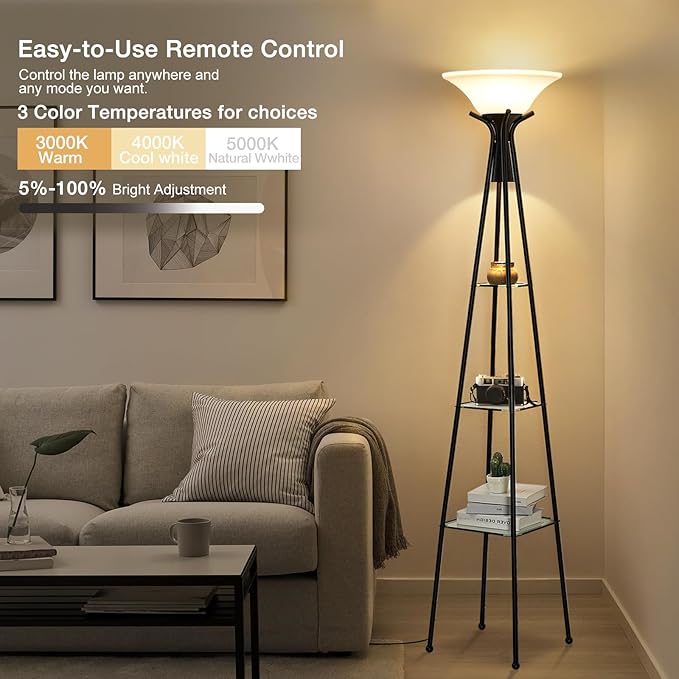 Floor Lamp with Shelves, 69” Tall Shelf Lamp with Remote Control, 3-Tier Glass Shelf Lamp, Dimmable Torchiere Floor Lamps for Living Room, Bedroom, Office, Adjustable Color Temperatures Bulbs Included