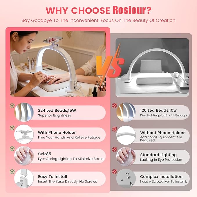 Half Moon Light for Nail Desk: 18.5" Half Moon Nail Tech Light with Phone Holder -Shadow-Free Arch Nail Table Lamp with with 3 Color Modes & 10 Brightness for Manicure Salon (White, 18inch)