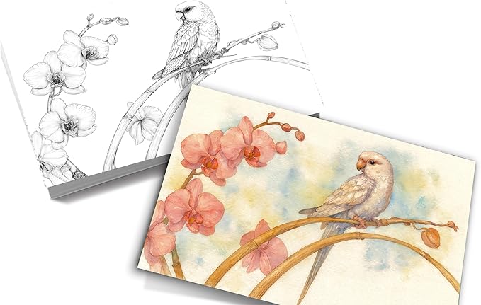 Artwink Watercolor Coloring Cards – 15 Sheets (5x7 Inches), Great for Coloring Book Lovers & Watercolor Painting Practicee (Cat/Dog/Bird/Landscape Illustrations) (Bird with Flower)