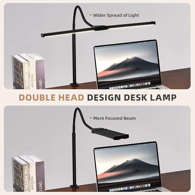 LED Desk Lamp for Home Office, Double Head Architect Light with Clamp, Computer Monitor Clip on Light, 3 Modes and 10 Brightness, Adjustable Flexible Goose-Neck, Table Task Lamp, Black