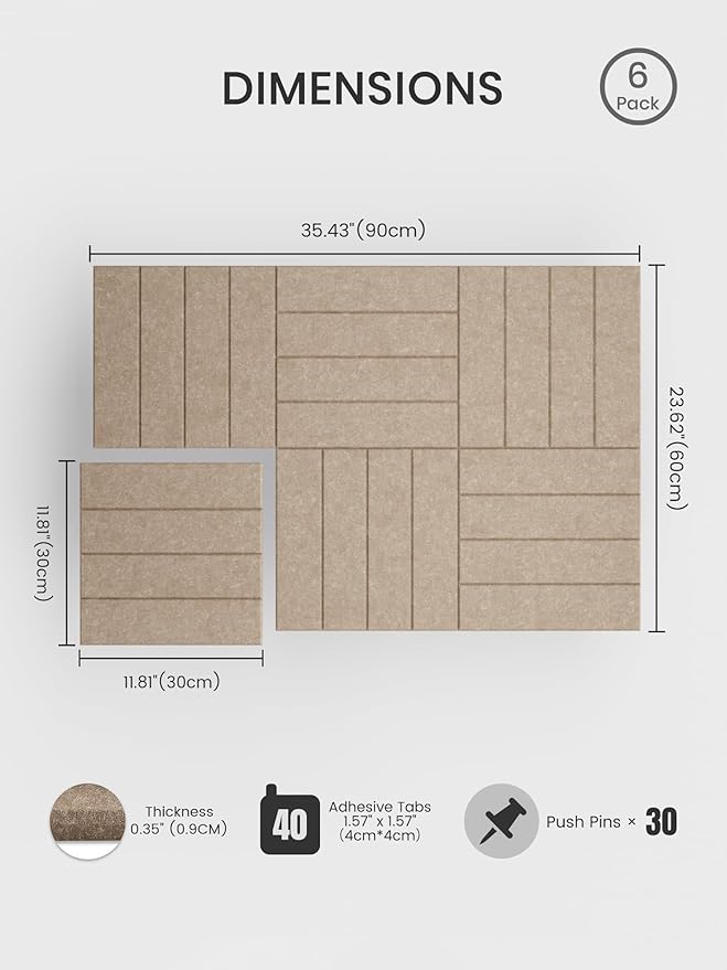 Bumusty Large Cork Board Alternative-36 x 24" Felt Bulletin Board Tiles, with 30 Pushpins, 40 Adhesive Tabs, 6-Pack Slat Wall Paneling, Cork Boards for Office Push Pin Board Felt Board-Taupe