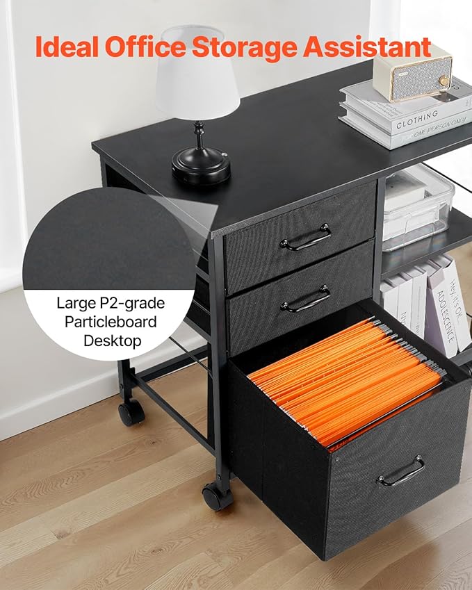 VEVOR Metal File Cabinet, Mobile Filing Cabinet with 3 Fabric Drawers and 2 Open Shelves, Wooden Vertical Filing Storage Cabinets with Wheels for Letter, A4, Legal Size File, Easy Assembly, Black