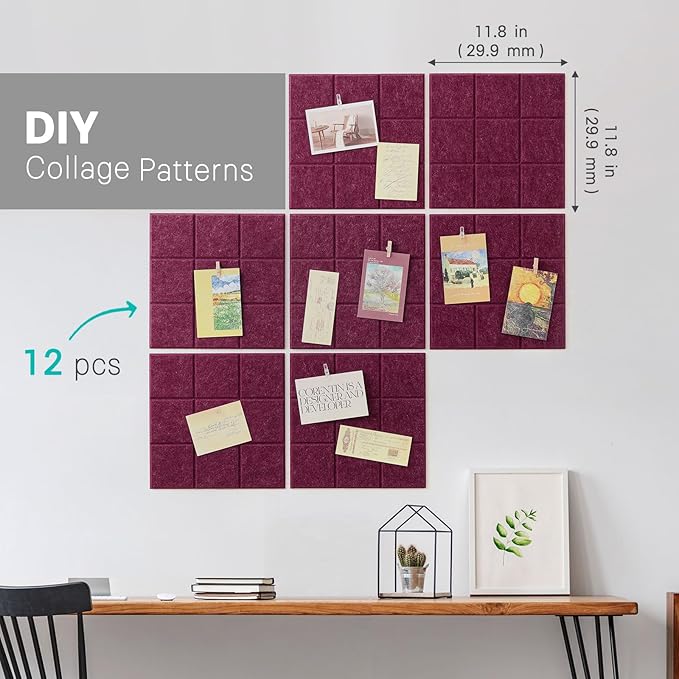 Large Cork Board, 12 Pack Felt Wall Tiles with Safe Removable Adhesive, Bulletin Board for Office, Pin Tack Corkboard for Quilting Design & Dart Wall Protector 48" x 36" - Fuchsia
