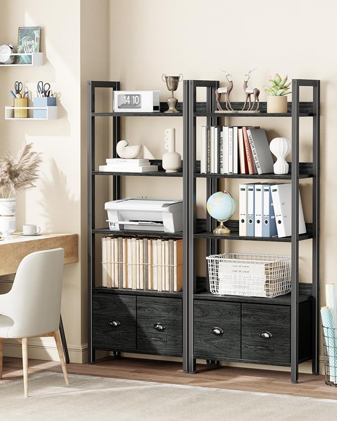 Furologee 5-Tier Bookshelf Set of 2, Tall Bookcase with 2 Drawers and Shelves, Industrial Display Free Standing Shelf Units, Storage Rack Organizer for Bedroom, Living Room, Home Office, Black Oak