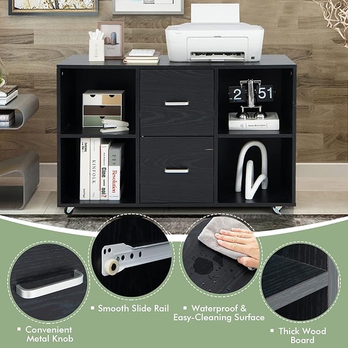 Giantex File Cabinet Office Organization - Filing Cabinet W/ 2 Drawers, 4 Open Compartments, Lateral Cabinet on 360° Swivel Lockable Wheels, Rolling Printer Scanner Stand for Home Office Storage