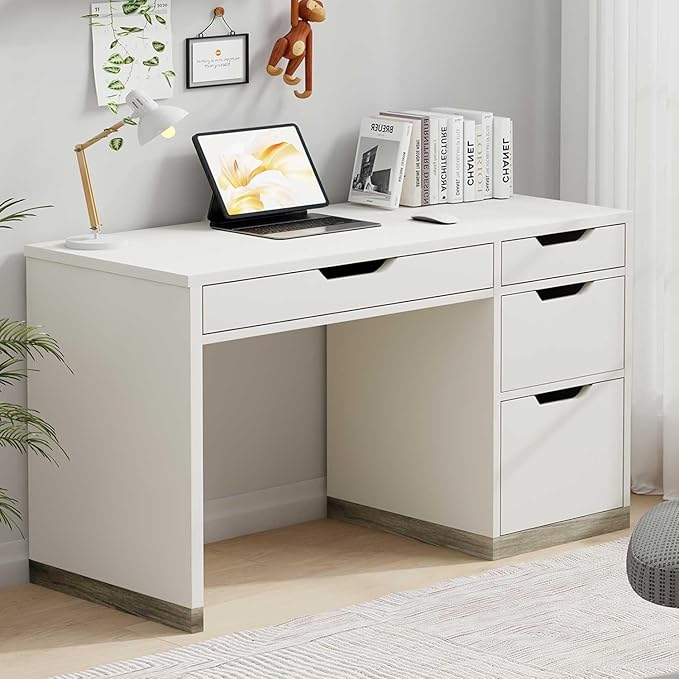 White Desk with Drawers, 48 Inch Small Computer Desk with 4 Storage Drawers for Small Space, Home Office Desk for Bedroom with Storage File Drawer