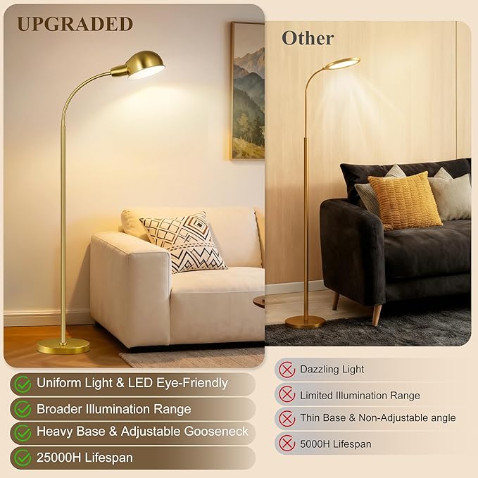 Floor Lamp for Living Room, 63" Standing Lamp with Adjustable Gooseneck, 3 Color Temperatures, Industrial Gold Floor Lamp Reading for Bedroom, Office, 9W LED Bulb