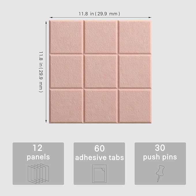 Large Cork Board, 12 Pack Felt Wall Tiles with Safe Removable Adhesive, Bulletin Board for Office, Pin Tack Corkboard for Quilting Design & Dart Wall Protector 48" x 36" - Pink Ivory
