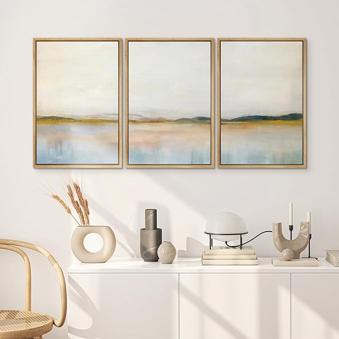 SIGNWIN Framed Canvas Print Wall Art Set Grunge Watercolor Pastel Lake Landscape Nature Abstract Illustrations Fine Art Decorative Nordic Rustic for Living Room, Bedroom, Office - 16"x24"x3 Natural