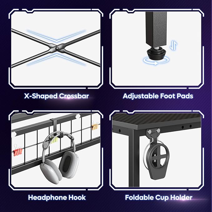 Bestier Gaming Desk 51" L-Shaped, with Power Outlets & LED Lights- 4 Tier Shelves, Reversible Gamer Table with Hooks & Cup Holder for Home Office Carbon Fiber Black